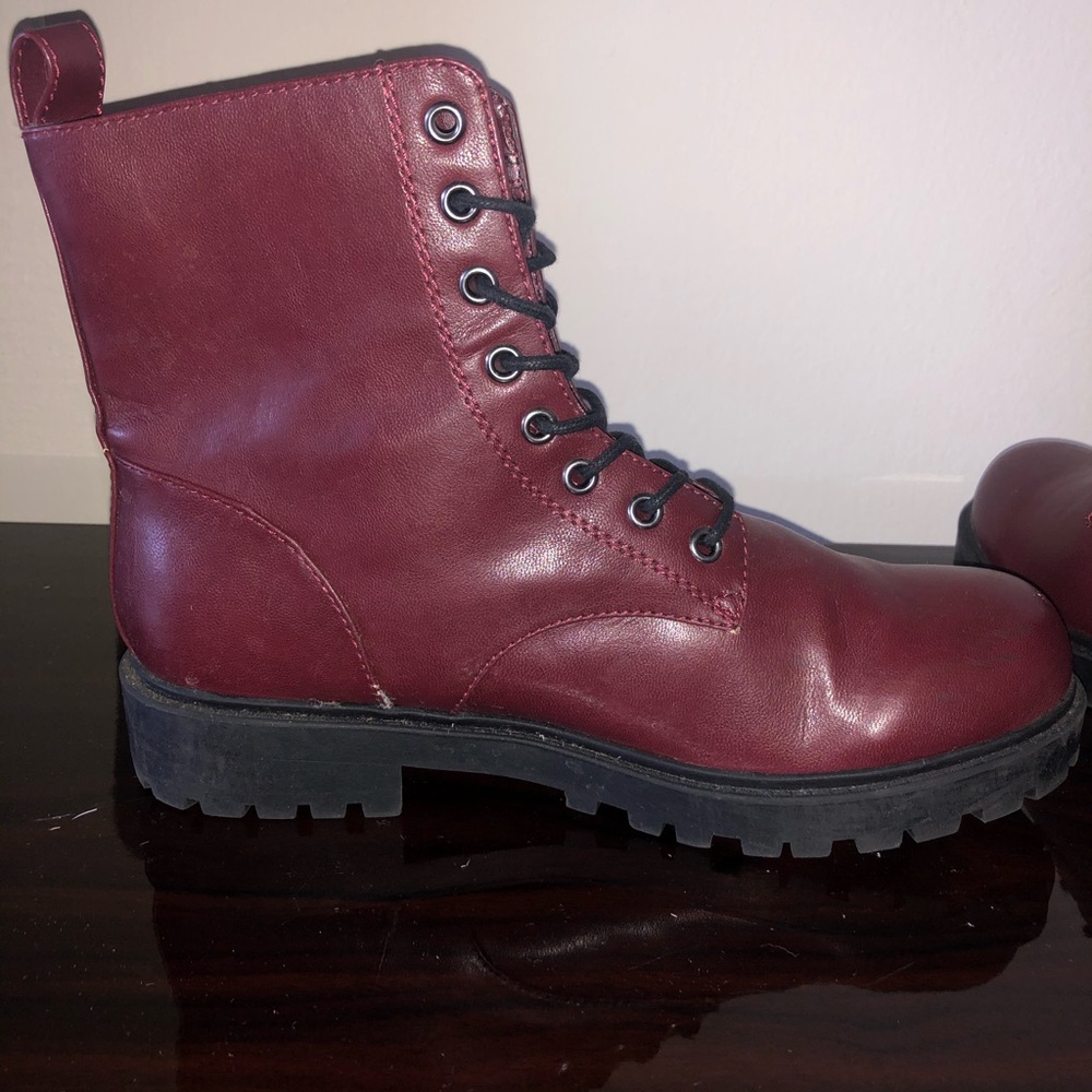 Faux red leather lace up boots